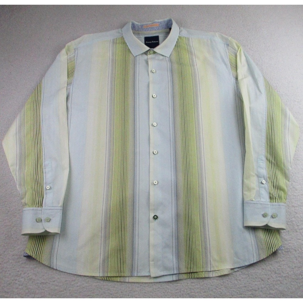 Tommy Bahama Shirt Mens 2XL Green Blue Stripe Long Sleeve Button Front Casual